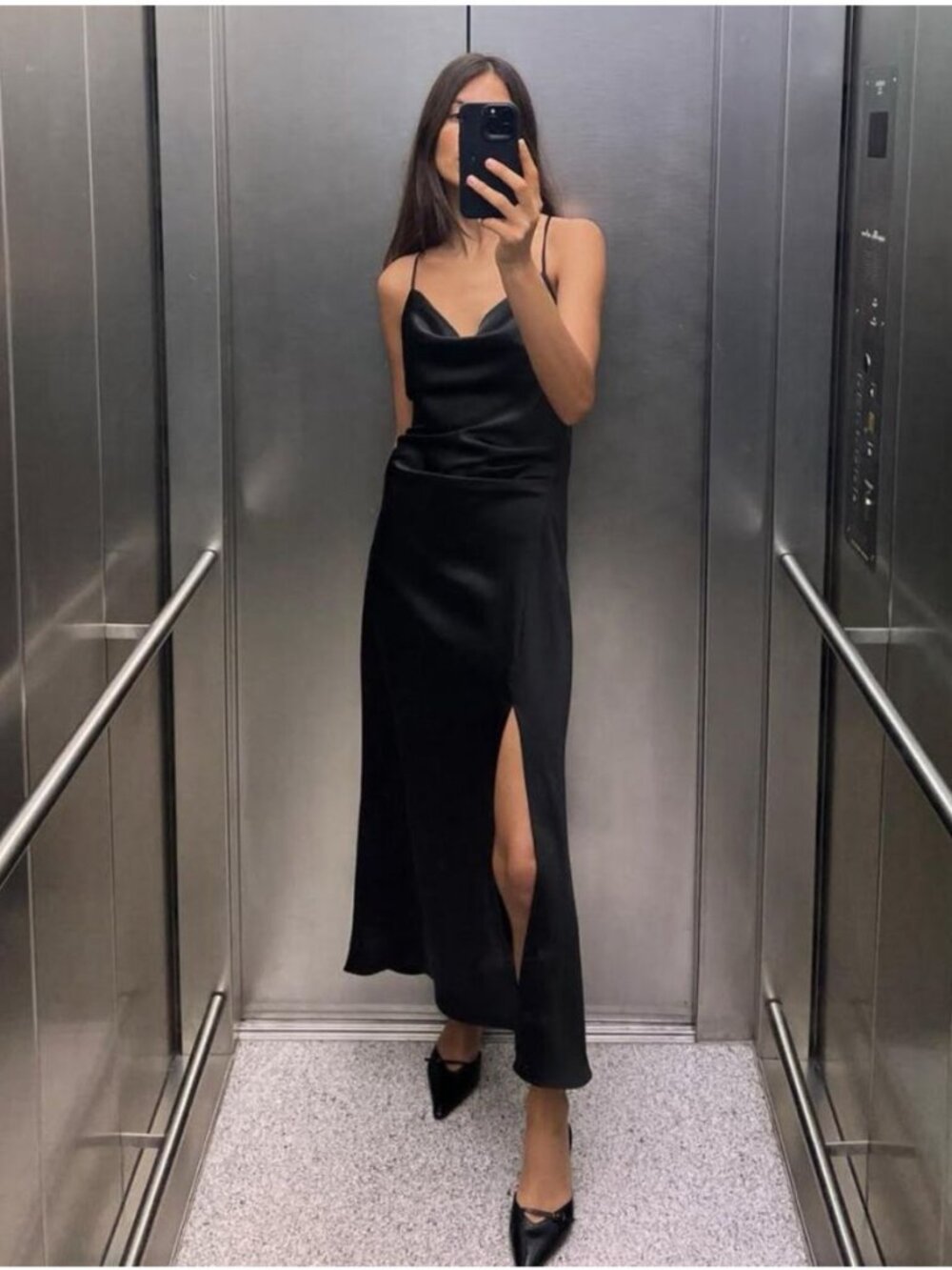 NWT ZARA Black Satin Cowl Neck Midi Slip Dress High Slit Strappy Small S